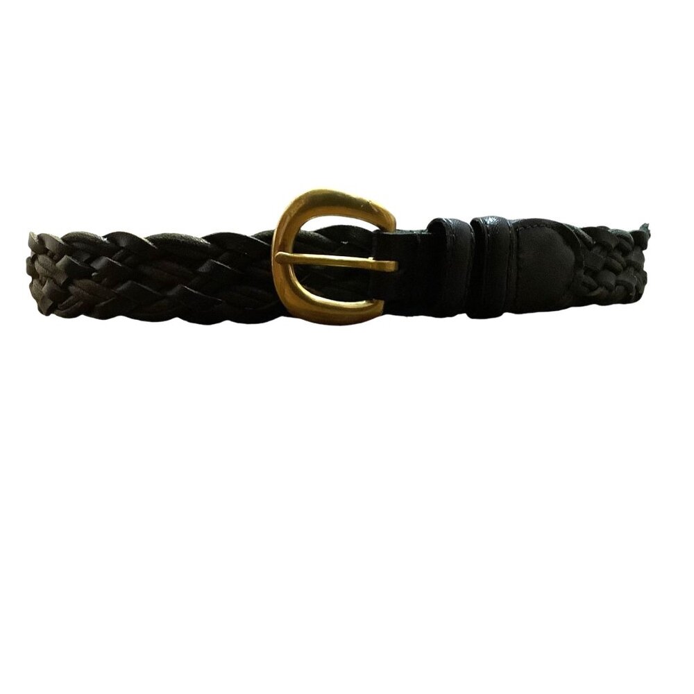 Vtg Bugle Boy Black Split Leather Woven Belt Solid Brass Buckle‎ Waist 37-40"